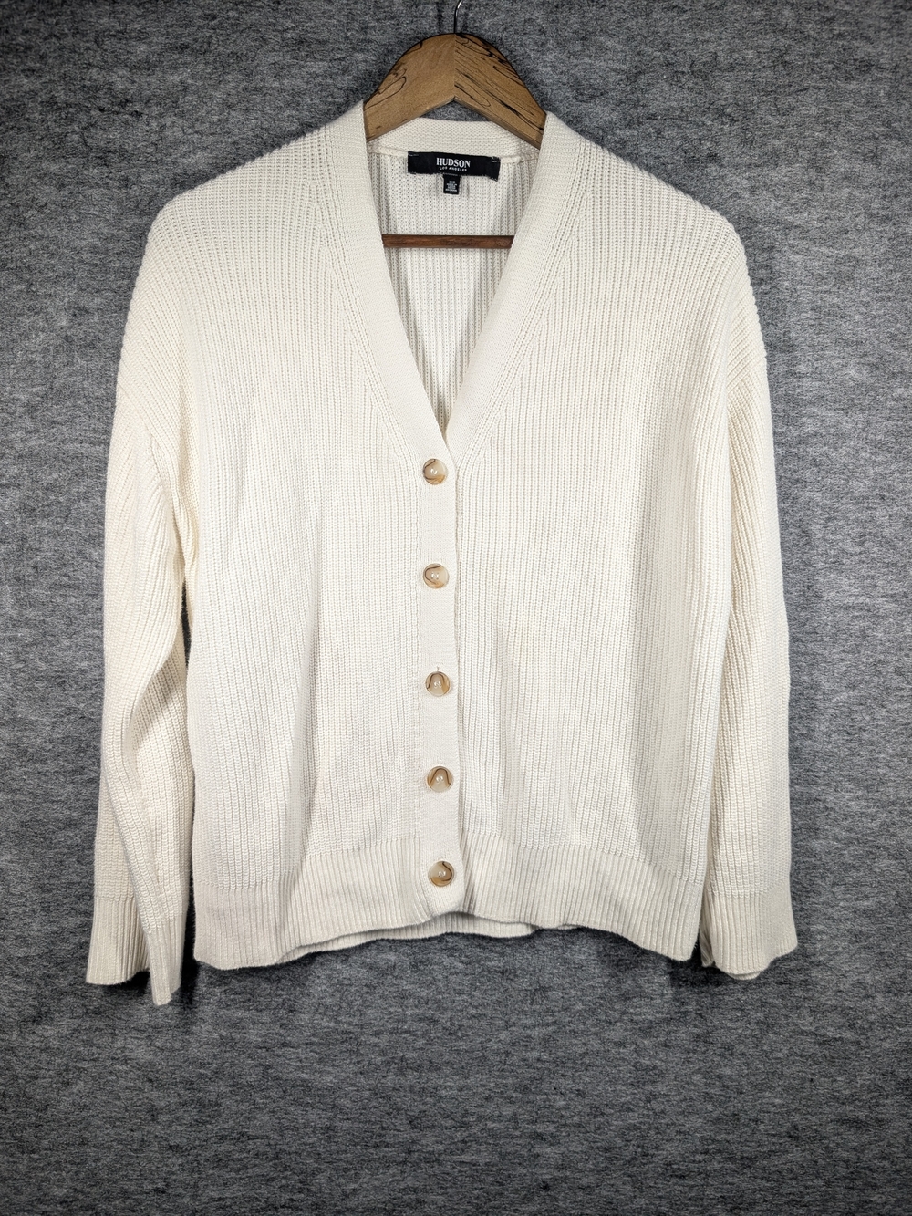 Hudson Los Angeles Cream Ribbed Knit 100% Cotton Cardigan Sweater L